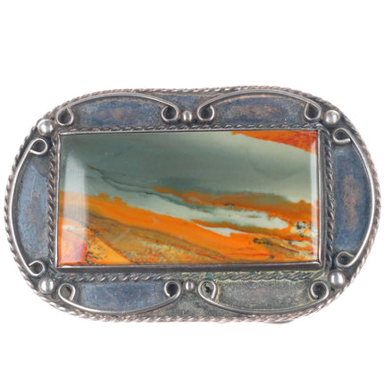 Vintage Navajo sterling silver picture Jasper belt buckle with rope border