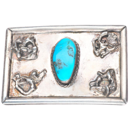 Vintage Navajo sterling silver turquoise belt buckle with brutalist accents