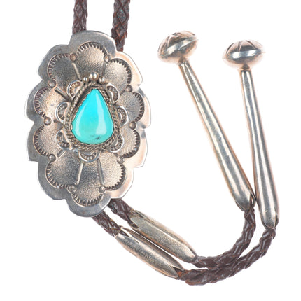 Vintage RBA Navajo sterling silver bolo tie with fancy tips and turquoise