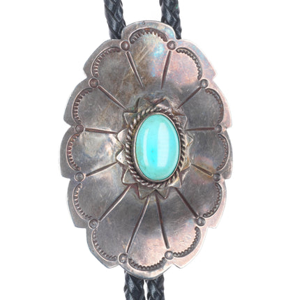 Large Vintage RBA Navajo sterling silver bolo tie with fancy tips and turquoise