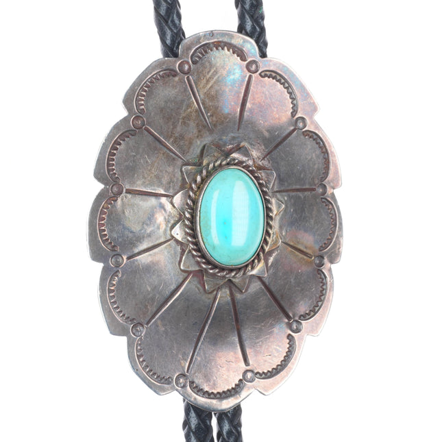 Large Vintage RBA Navajo sterling silver bolo tie with fancy tips and turquoise