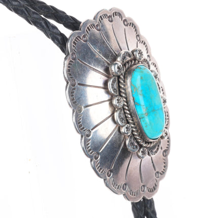 Big Vintage RBA Navajo sterling silver bolo tie with fancy tips and turquoise
