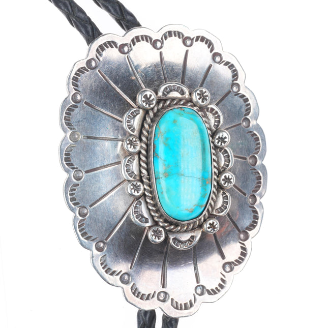 Big Vintage RBA Navajo sterling silver bolo tie with fancy tips and turquoise