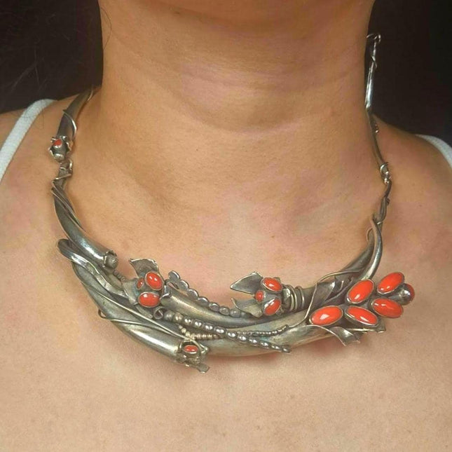 Sam Patania modernist sterling silver Mediterranean coral necklace/earring