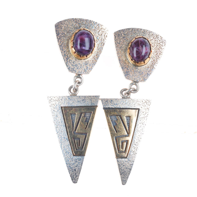 Philbert Poseyesva Hopi 14k gold/Sterling silver charoite dangle earrings