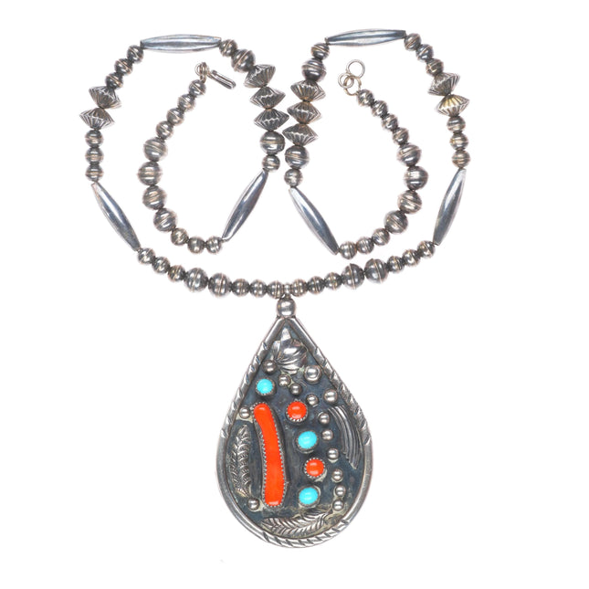 Vintage RH Long Navajo sterling silver, turquoise, branch coral pendant/necklace