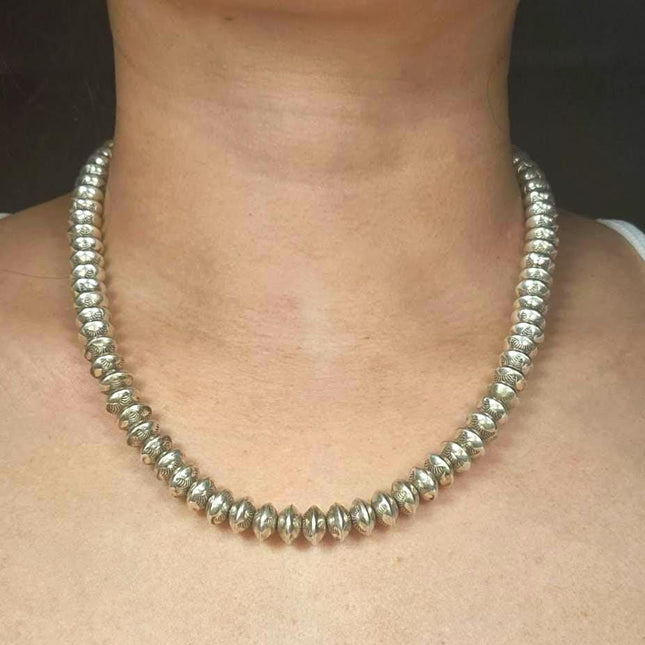 18.5" vintage handmade Navajo pearls stamped beaded sterling silver necklace
