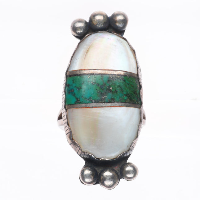 sz7 Big vintage Zuni sterling silver, turquoise, shell channel inlay ring