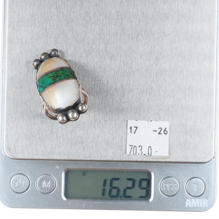 sz7 Big vintage Zuni sterling silver, turquoise, shell channel inlay ring