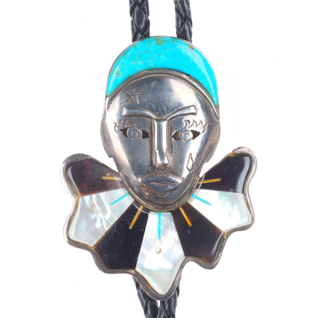 Vintage southwestern sterling silver turquoise/shell Pierrot/clown bolo tie
