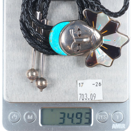 Vintage southwestern sterling silver turquoise/shell Pierrot/clown bolo tie
