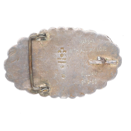 Chief Shatka Bear-Step vintage sterling silver chiseled belt buckle w/ turquoise