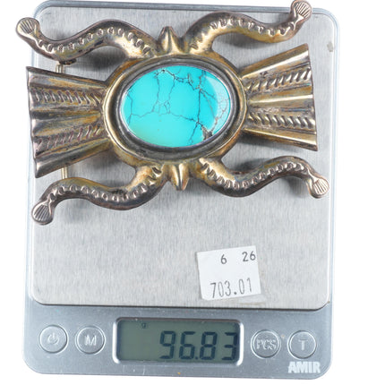 Vintage heavy Navajo ketoh form cast sterling silver belt buckle nice turquoise