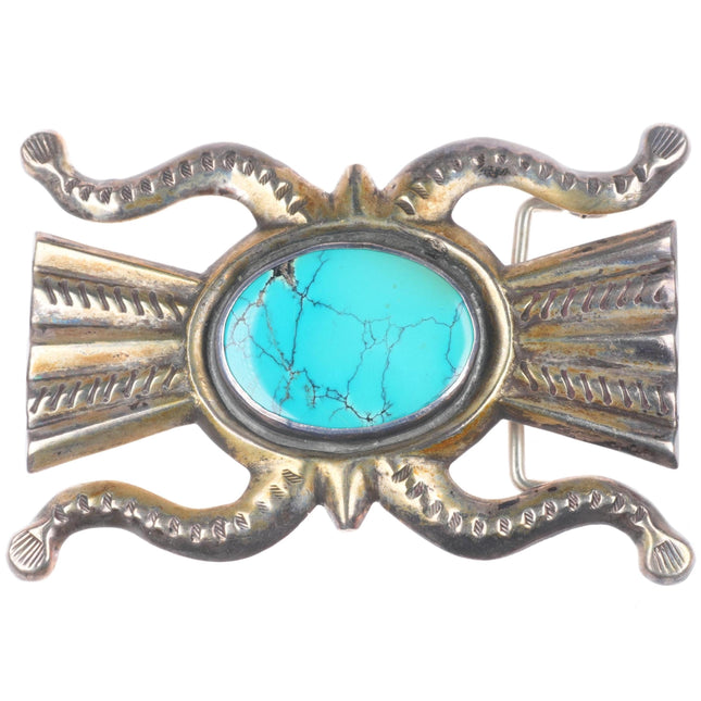 Vintage heavy Navajo ketoh form cast sterling silver belt buckle nice turquoise