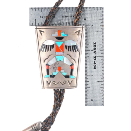 c1950's Zuni knifewing kachina turquoise/coral inlay bolo tie fancy tips