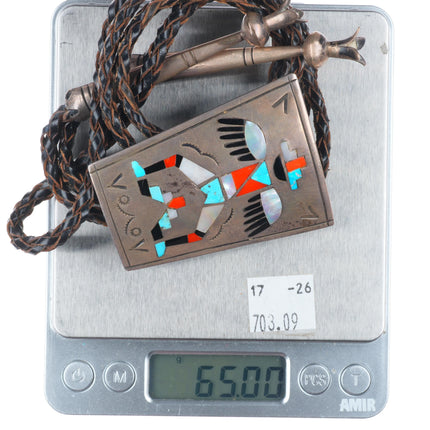 c1950's Zuni knifewing kachina turquoise/coral inlay bolo tie fancy tips