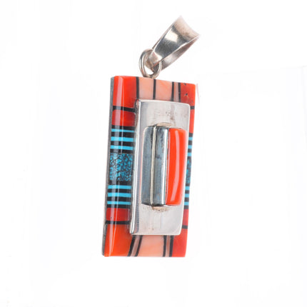 Philbert Begay Navajo sterling silver spiderweb turquoise/coral inlay pendant