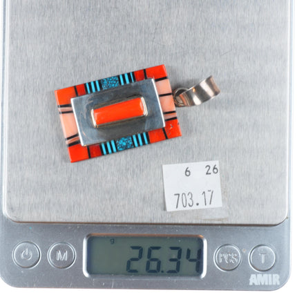 Philbert Begay Navajo sterling silver spiderweb turquoise/coral inlay pendant