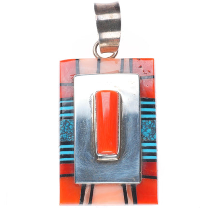 Philbert Begay Navajo sterling silver spiderweb turquoise/coral inlay pendant