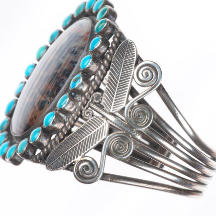 6.6" 1940's Navajo dragonfly turquoise satellite petrified wood cuff bracelet