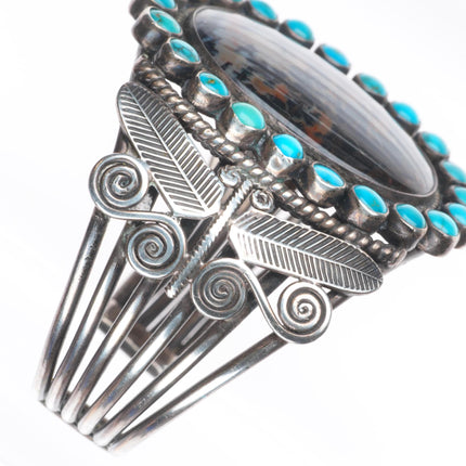 6.6" 1940's Navajo dragonfly turquoise satellite petrified wood cuff bracelet