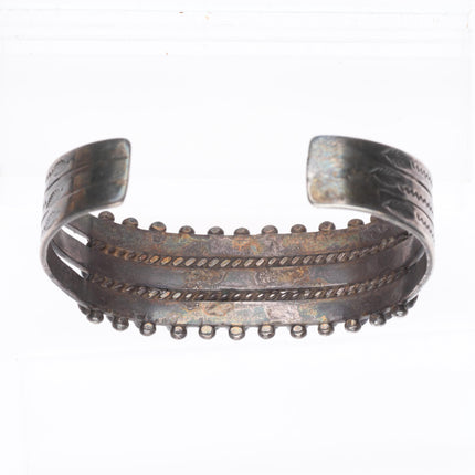 6.3" c1940 Zuni sterling silver feather stamp snake eye turquoise cuff bracelet
