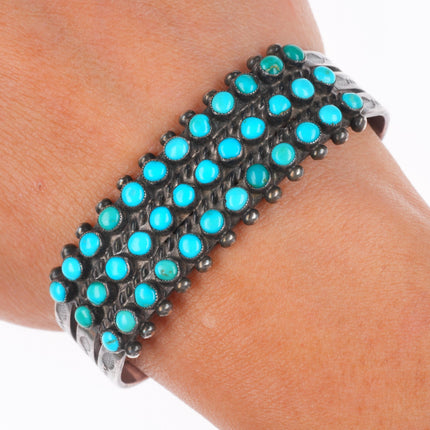 6.3" c1940 Zuni sterling silver feather stamp snake eye turquoise cuff bracelet