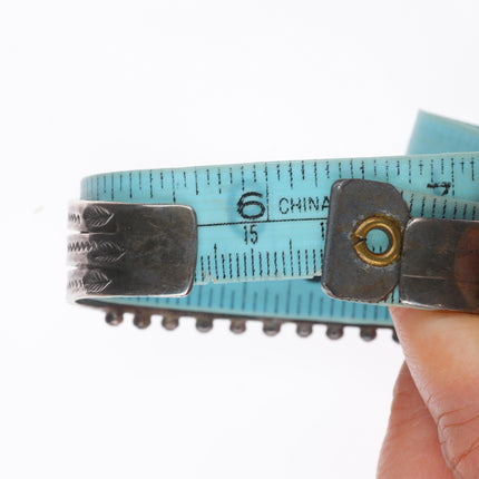6.3" c1940 Zuni sterling silver feather stamp snake eye turquoise cuff bracelet