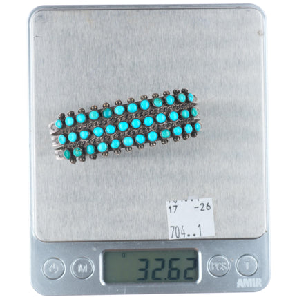 6.3" c1940 Zuni sterling silver feather stamp snake eye turquoise cuff bracelet