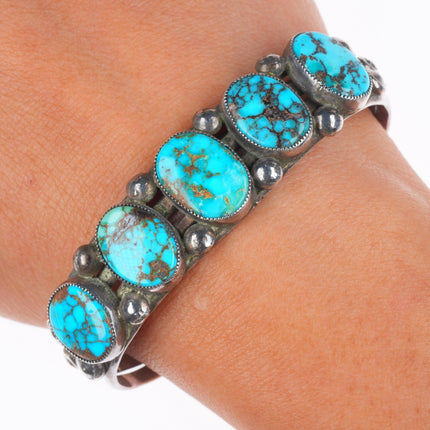 6.3" c1940 Navajo high grade turquoise row cuff bracelet sterling silver
