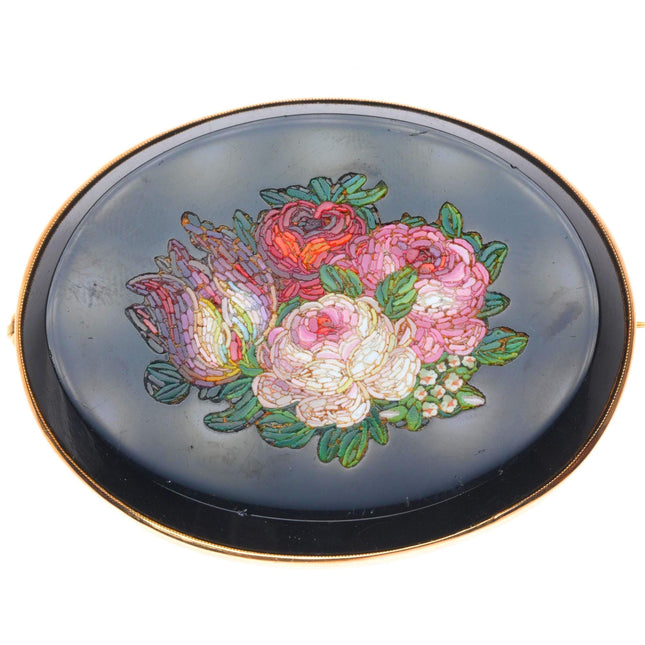 Antique Roman 14k gold micro-mosaic rose/flower bouquet brooch/pin