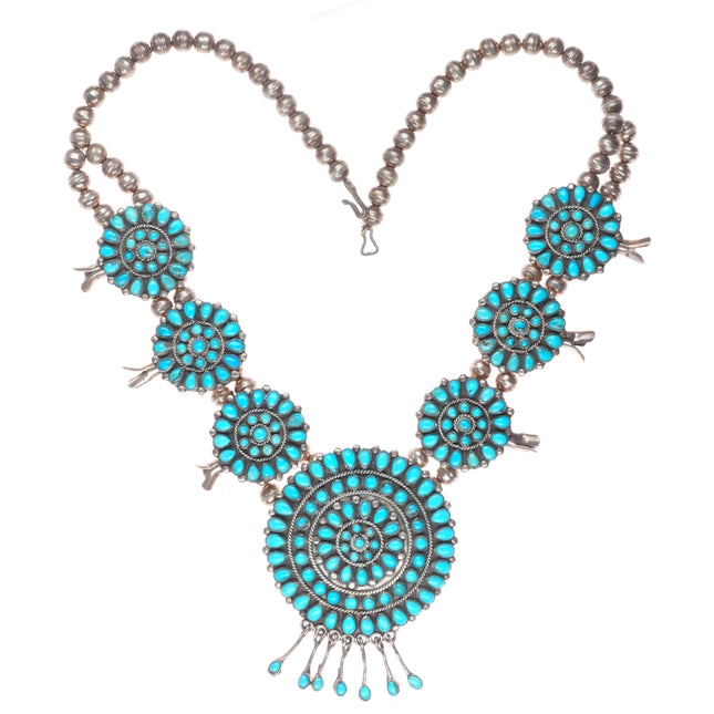 Vintage J Begay Navajo sterling silver squash blossom turquoise cluster necklace