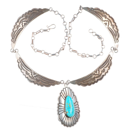 Vintage Lonnie Willie Navajo stamped sterling silver necklace w/ nice turquoise