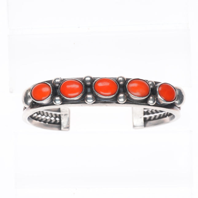 6.4" Vintage Navajo sterling silver Mediterranean coral row cuff bracelet