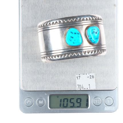 6.4" Big vintage Wilford Chee Navajo sterling silver turquoise cuff bracelet