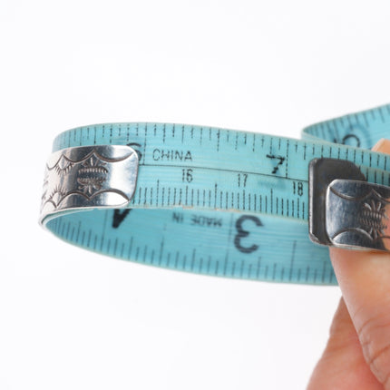 7.1" Vintage Navajo sterling silver turquoise row cuff bracelet stamped sides