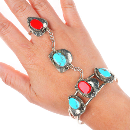 6.5" cuff sz7.5 Ring southwestern alpaca/faux turquoise/coral slave bracelet