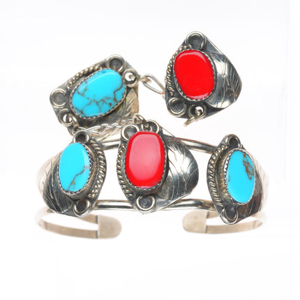 6.5" cuff sz7.5 Ring southwestern alpaca/faux turquoise/coral slave bracelet