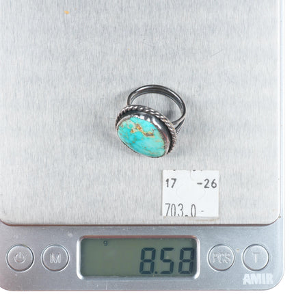 sz7.5 40's-50's Navajo sterling silver rope bezel ring with nice turquoise
