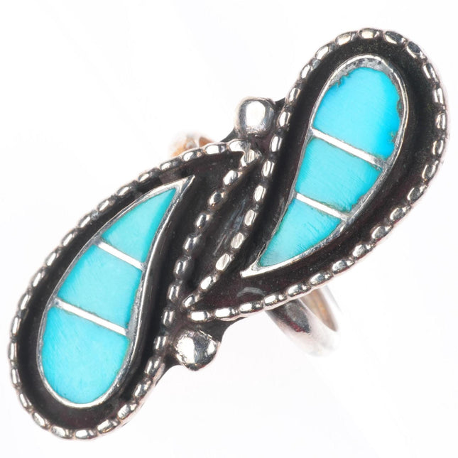 sz6 Vintage Zuni sterling silver flush inlay turquoise ring