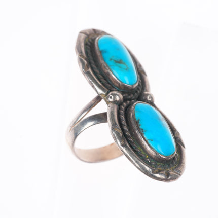 sz7 CM Vintage Navajo sterling silver 2 stone turquoise long ring