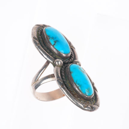 sz7 CM Vintage Navajo sterling silver 2 stone turquoise long ring