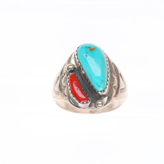 sz10 vintage Navajo sterling silver turquoise and coral stamped men's ring