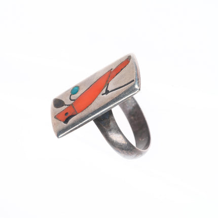 sz7 Coonsis Zuni sterling silver coral inlaid redbird cardinal ring