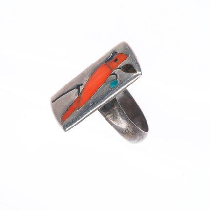 sz7 Coonsis Zuni sterling silver coral inlaid redbird cardinal ring