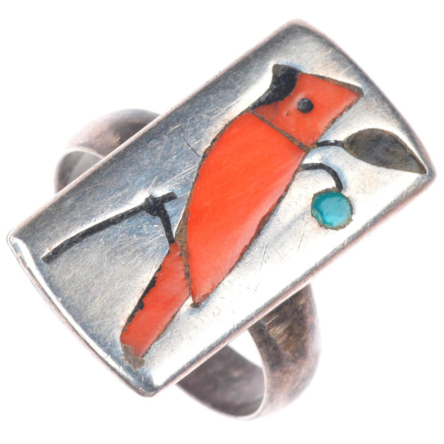 sz7 Coonsis Zuni sterling silver coral inlaid redbird cardinal ring