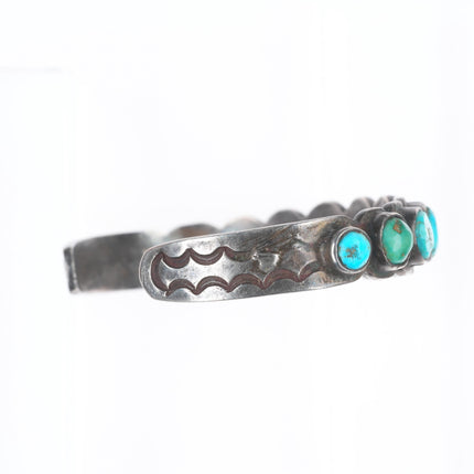 6.6" c1930's Navajo ingot silver stamped turquoise row cuff bracelet