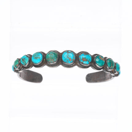 6.6" c1930's Navajo ingot silver stamped turquoise row cuff bracelet