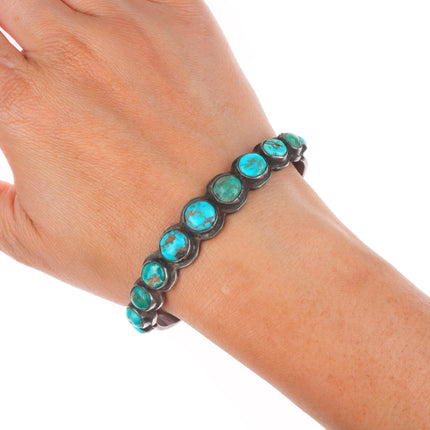 6.6" c1930's Navajo ingot silver stamped turquoise row cuff bracelet