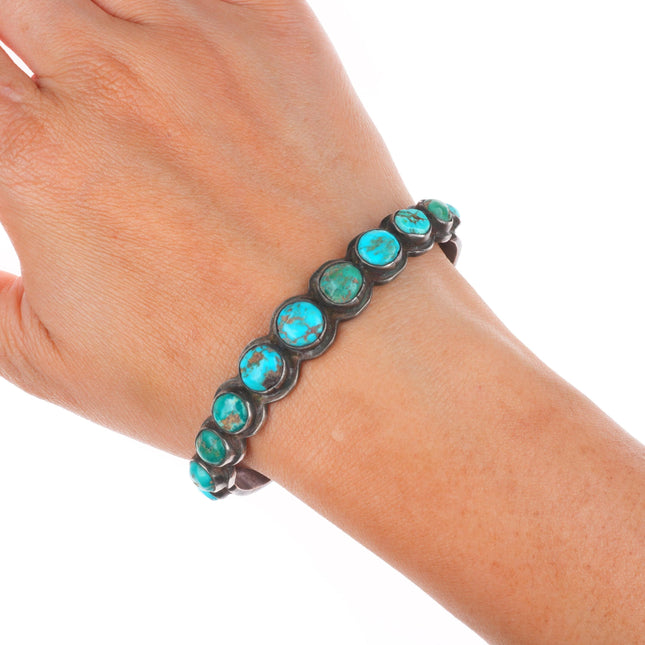 6.6" c1930's Navajo ingot silver stamped turquoise row cuff bracelet
